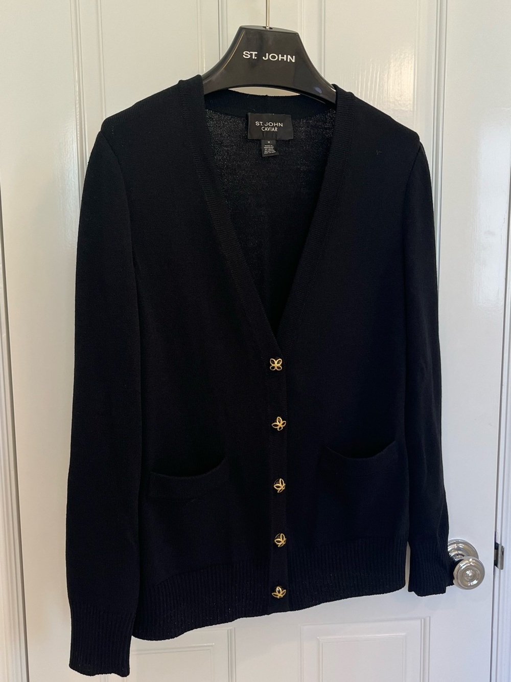 St. John Caviar Black V-Neck Cardigan Sweater with gold buttons Size Medium